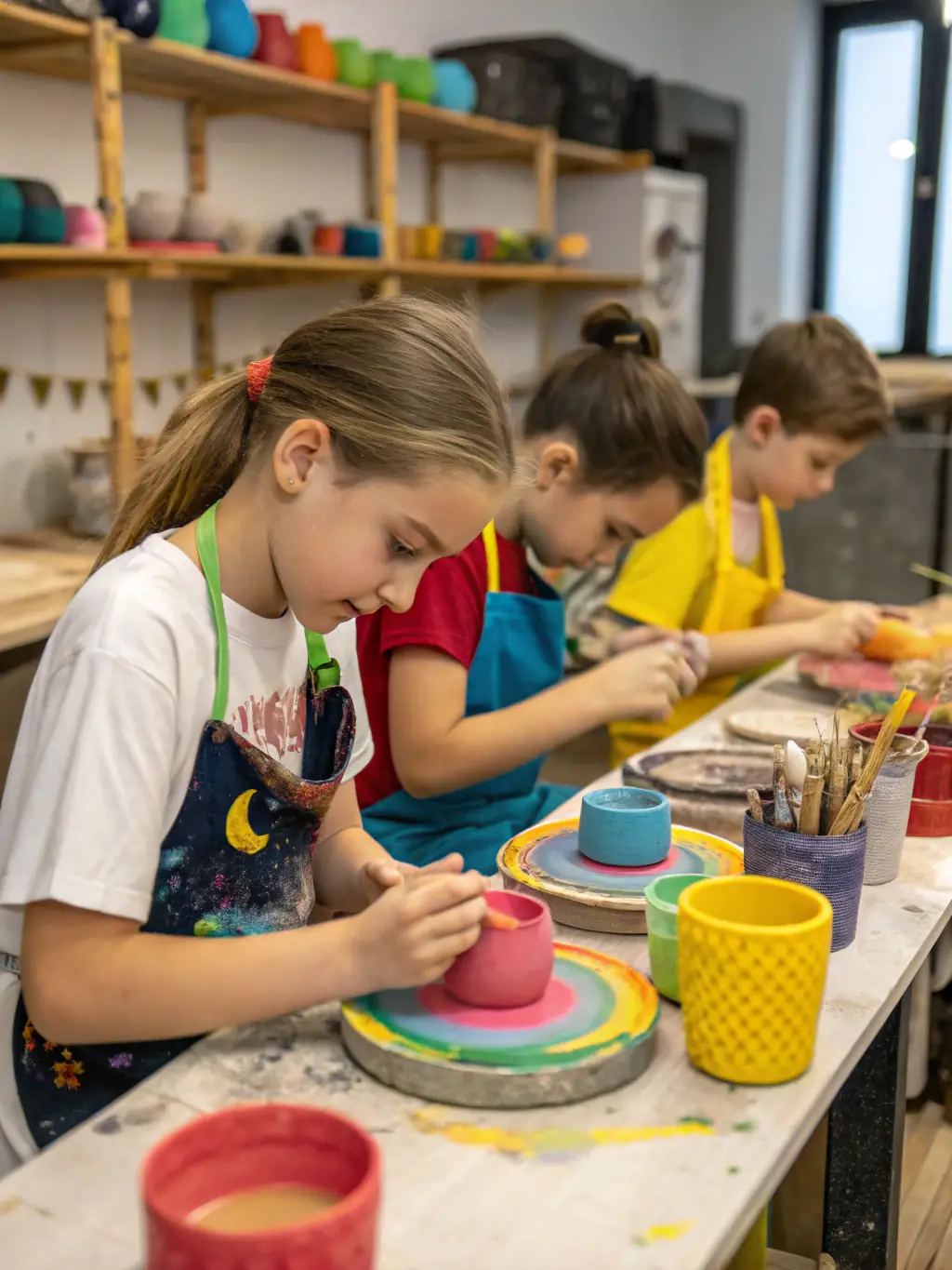 A photograph of children participating in an art education program organized by LES ARTS DU ROY, showing them creating sculptures with clay, with instructors guiding them in a bright and spacious classroom.