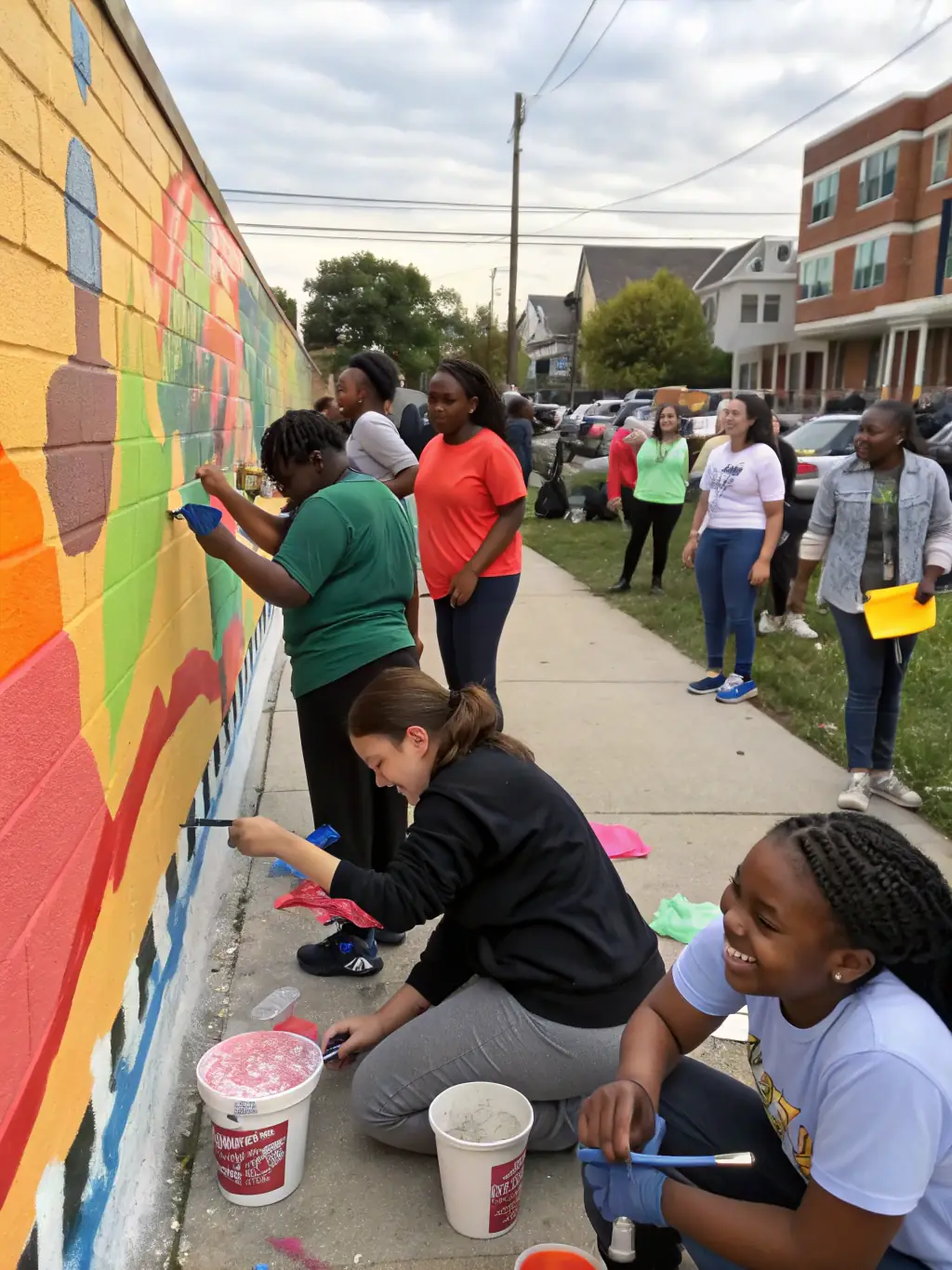 A photograph capturing a community outreach event organized by LES ARTS DU ROY, featuring artists collaborating with local residents on a mural project, with vibrant colors and community members of diverse backgrounds.