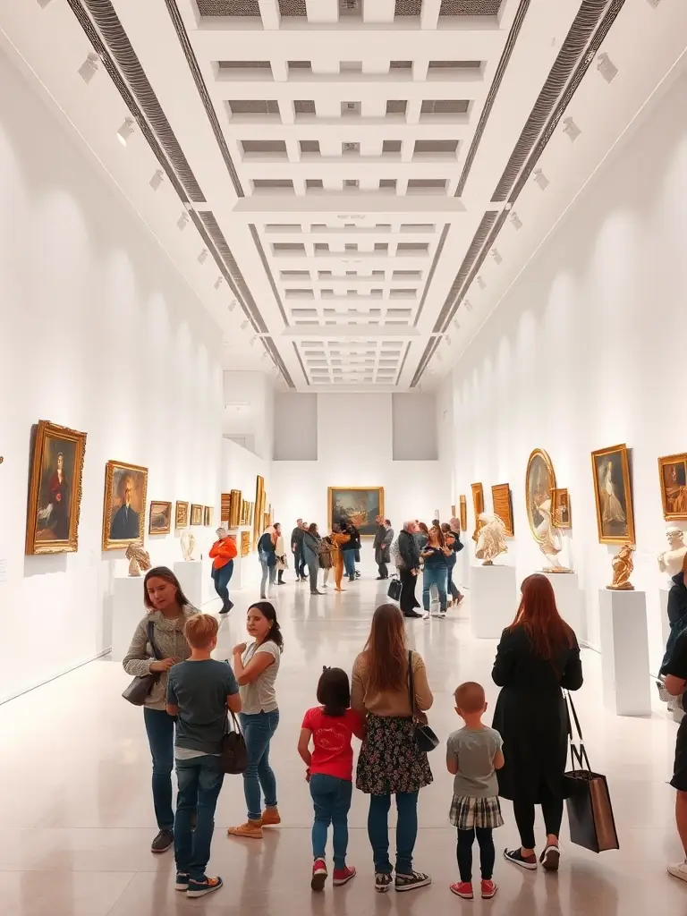 A vibrant gallery space filled with colorful paintings, sculptures, and engaged visitors exploring artworks.