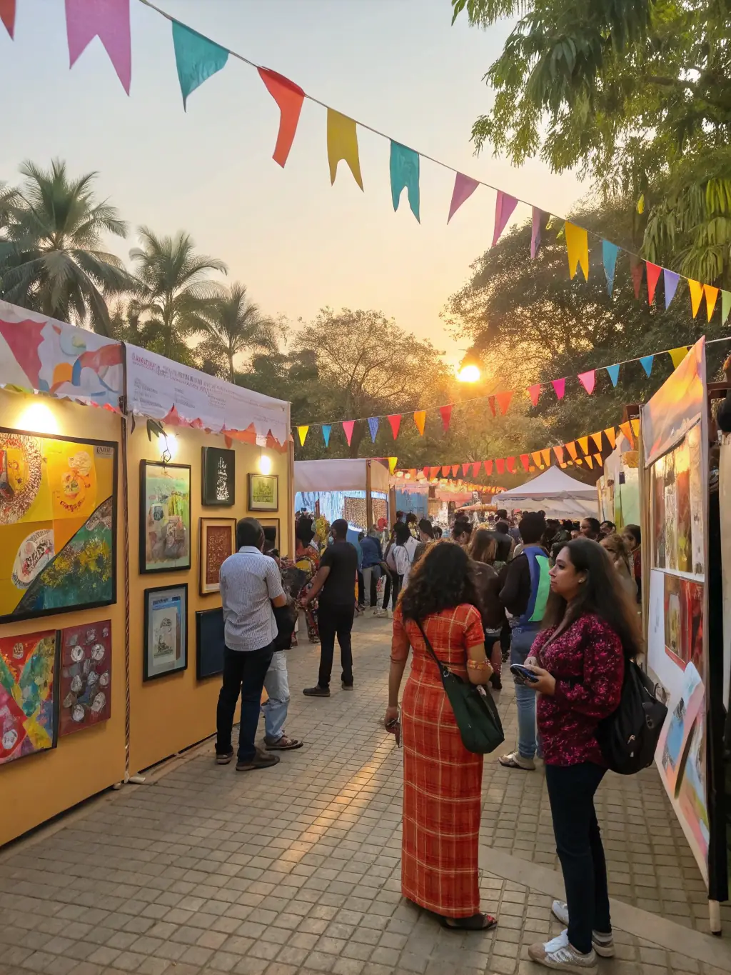 A community event with artists and visitors interacting in an outdoor art fair setting.