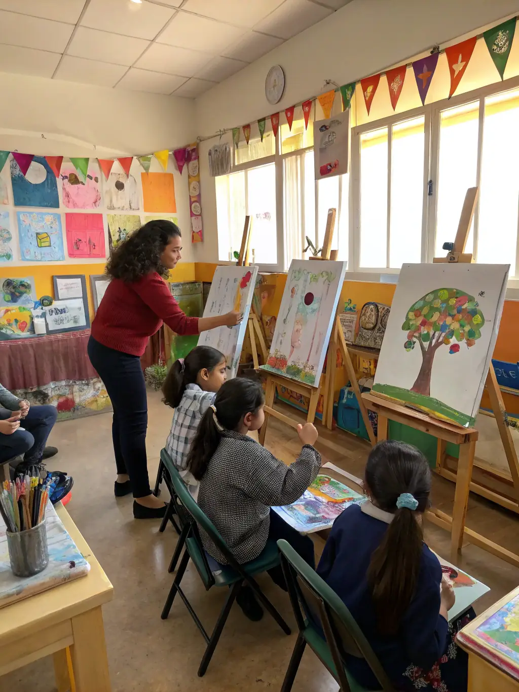 An instructor guiding a group of students in a painting workshop, with artworks in progress around them.